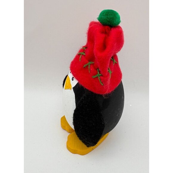 Handcrafted Wooden Penguin Christmas Figurine Festive Red Snow Hat Winter - Picture 4 of 7